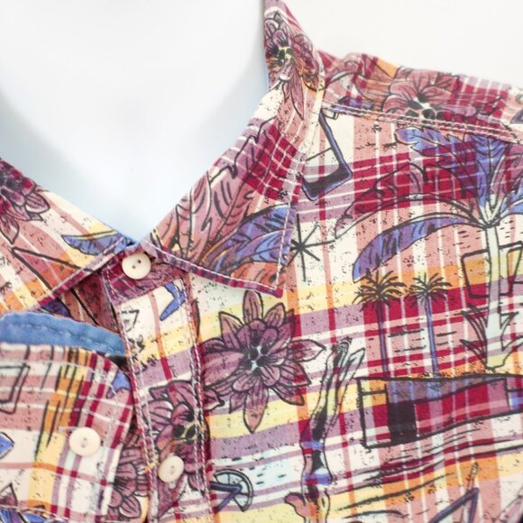 Tommy Bahama Red Yellow Blue Floral Plaid Collared Dress Shirt XL Cotton Flip Cu - Picture 2 of 13